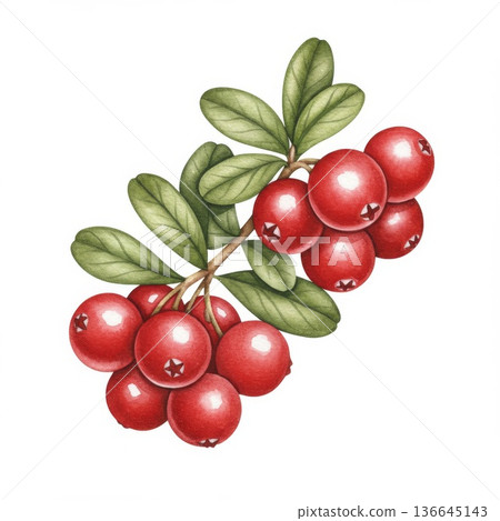 Red Cranberries on Branch with Green Leaves Watercolor Illustration 136645143