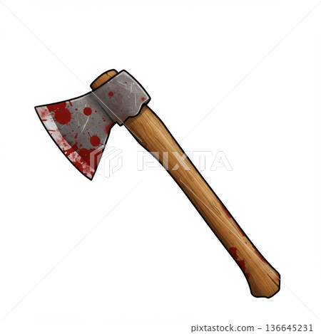 Bloody Axe with Wooden Handle on White Background 136645231