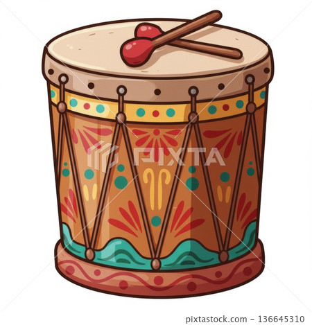 Colorful Folk Drum with Mallet Illustration 136645310