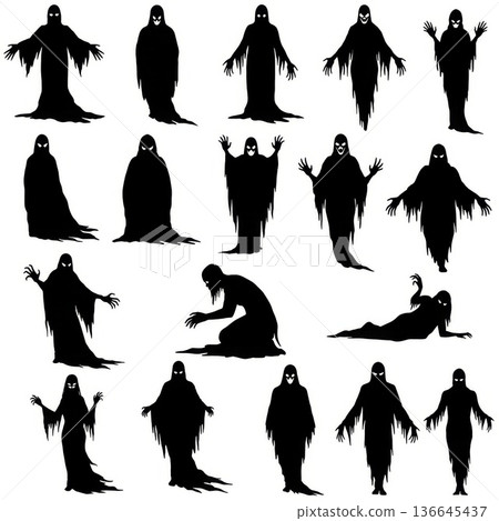 Collection of Black Ghost Silhouettes on White Background 136645437