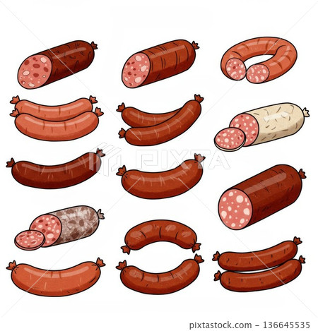 Assorted Sausages Illustration:  Various Types of Brown and Red Sausages, Whole and Sliced, on 136645535
