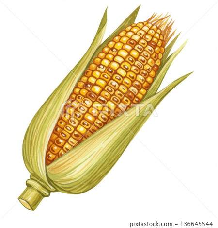 Detailed Illustration of Ripe Yellow Ear of Corn 136645544