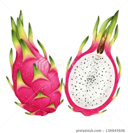 Pink Dragon Fruit Watercolor Painting 136645686