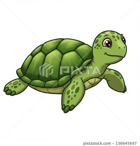 Cute Green Cartoon Turtle Illustration 136645697
