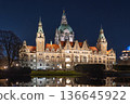Nighttime Splendor Hannover s Illuminated New Town Hall Reflecting in the Pond s Still Waters 136645922