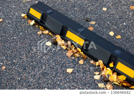 Autumn leaves scene. Scattered leaves near curb create tranquil autumn city atmosphere 136646082