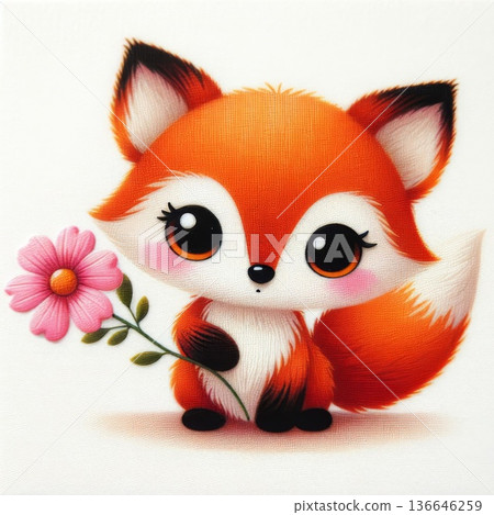 Cute Orange Fox Holding Pink Flower Illustration 136646259