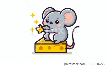 Cute Grey Mouse Enjoying Cheese Wedge 136646272