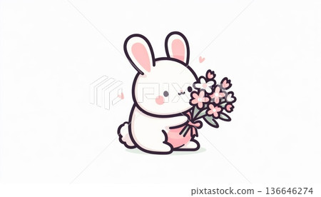 Adorable White Bunny Holding Pink Flower Bouquet 136646274