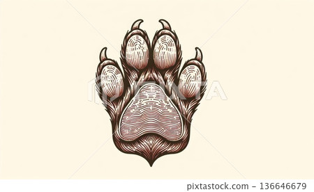 Detailed Brown Paw Print Illustration on Beige Background 136646679