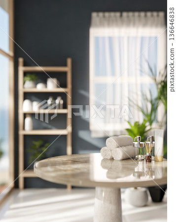 White lotion tube and glass pump bottle and towel on round marble table and sunlight in spa bathroom 136646838