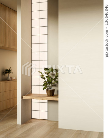 Plant in woven basket pot on hanging shelf in white wall with glass blocks over wooden parquet floor Plant in woven basket pot on hanging shelf in white wall with glass blocks over wooden parquet floor 136646846