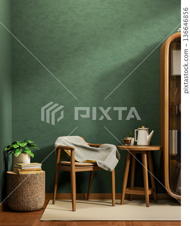 Teapot with cup on wooden table and armchair with cabinet and dark green wall in living room or cafe Teapot with cup on wooden table and armchair with cabinet and dark green wall in living room or cafe 136646856
