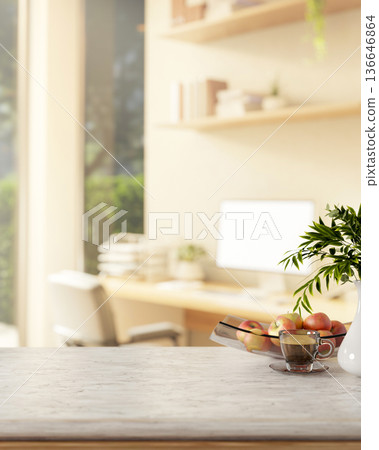 Coffee and apples plate on marble counter table across computer desk in a living room with sunlight. Coffee and apples plate on marble counter table across computer desk in a living room with sunlight. 136646864
