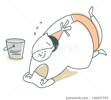 An elderly woman cheerfully mopping the floor 136647105