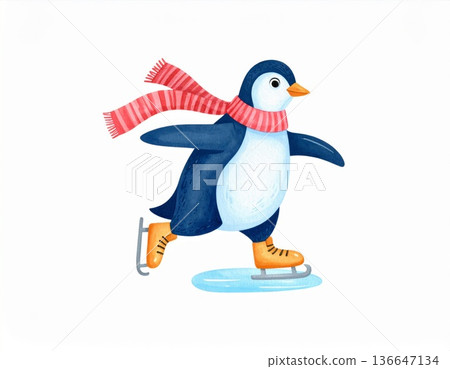 Animated Penguin Ice Skating with Red Striped Scarf on White Background Illustration 136647134
