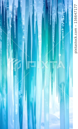 Abstract Icicles Hanging with Striped Ice Formation in Cool Blue and White Colors 136647177