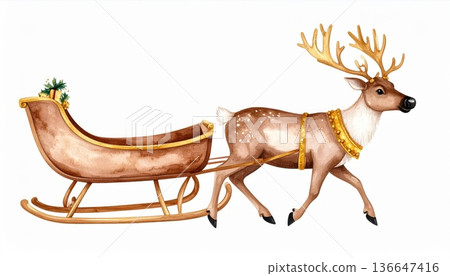 Watercolor Reindeer Pulling Brown Sleigh with Golden Detail on a White Background 136647416
