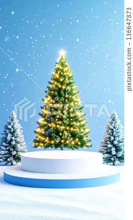 Christmas Tree on a Snowy Pedestal with Blue Background and Winter Holiday Decorations 136647873