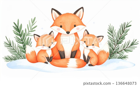 Watercolor Fox Family with Two Cubs in Snowy Winter Scene with Green Sprigs 136648073
