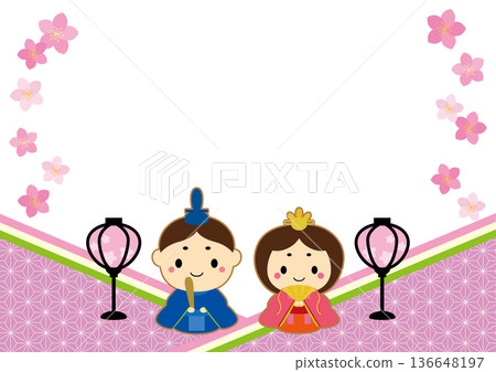 Cute Hina dolls and peach blossoms Japanese style Hinamatsuri frame / purple Cute Hina dolls and peach blossoms Japanese style Hinamatsuri frame / purple 136648197