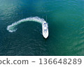 Luxury charter yacht in sea. Motor yacht luxury vessel. Sea motor boat. Sea summer vacation. Aerial motorboat. Yacht boat tour. Luxury boat yachting. Motorboat sailing at sea. Luxury vacation 136648289