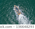 Aerial view motorboat. Yacht boat tour. Luxury boat yachting in summer. Motorboat sailing at sea. Luxury private yacht in sea. Motor yacht luxury vessel. Boat motor aerial. Vacation on summer 136648293