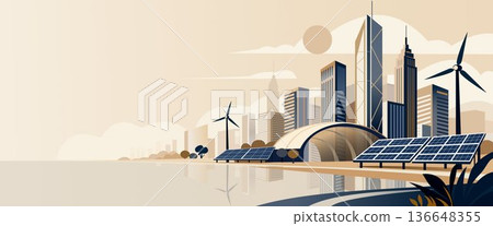 Sustainable Smart City with Renewable Energy and Wind Turbines Illustration Sustainable Smart City with Renewable Energy and Wind Turbines Illustration 136648355
