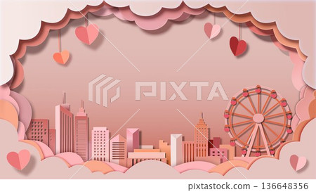 Romantic Pink Paper Cut Cityscape Background Romantic Pink Paper Cut Cityscape Background 136648356