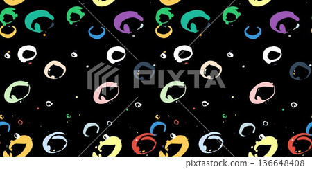 Vector background with colorful circular ink splatters scattered on a black surface, creating a playful abstract pattern full of motion and energy. 136648408