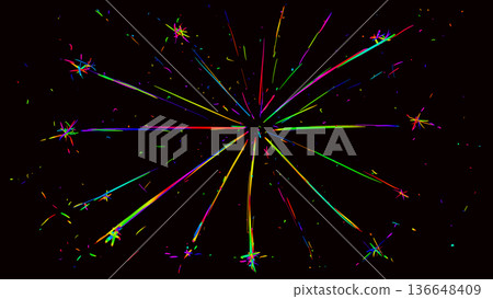 Radiant neon lines burst from the center, hand-drawn like fireworks or energy beams on black background. 136648409