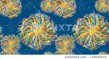 Seamless vector pattern of abstract tumbleweed shapes in multicolored tangled lines, arranged against a deep blue background with small crescent moons. 136648410