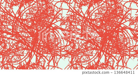 Dynamic abstract background with chaotic red scribbles forming tangled lines on a light surface. Energetic hand-drawn vector texture for creative projects. 136648411