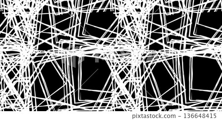 Complex abstract vector texture of white overlapping scribbled lines forming a dense chaotic mesh on a black background, highly detailed. Complex abstract vector texture of white overlapping scribbled lines forming a dense chaotic mesh on a black background, highly detailed. 136648415