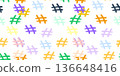 Seamless vector pattern of colorful hashtag symbols repeated across white background 136648416