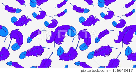 Seamless pattern with blue and purple feathers on a white background. Light decorative texture with a natural touch, perfect for design and textiles. 136648417