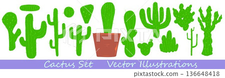 Vector illustration set with different cactus silhouettes in green. Decorative botanical composition with modern minimal style. 136648418
