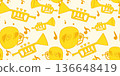 Playful yellow background with wind instruments and trumpets. Cheerful musical pattern evoking concert, jazz festival, and celebration mood. 136648419