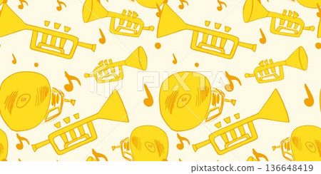 Playful yellow background with wind instruments and trumpets. Cheerful musical pattern evoking concert, jazz festival, and celebration mood. 136648419