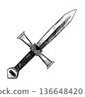 Vector illustration of a single detailed knife with cross-shaped handle, sketched in black and white, creating a bold weapon symbol on plain background. 136648420