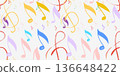 Bright pattern with colorful notes and clefs on white background. Festive musical design full of rhythm, joy, and playful energy. 136648422