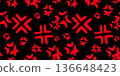 Seamless abstract pattern of red geometric arrow cross symbols repeated on a black background, creating a bold decorative vector texture. 136648423
