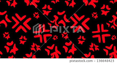 Seamless abstract pattern of red geometric arrow cross symbols repeated on a black background, creating a bold decorative vector texture. 136648423