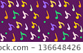 Bright seamless pattern with colorful music notes on a deep purple background. Vibrant abstract design symbolizing rhythm, melody, and creativity. 136648426
