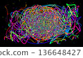 Multicolored chaotic scribbles swirl into an energetic handmade abstract illustration with neon light tones. 136648427
