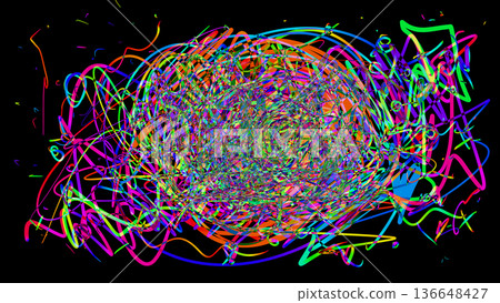 Multicolored chaotic scribbles swirl into an energetic handmade abstract illustration with neon light tones. Multicolored chaotic scribbles swirl into an energetic handmade abstract illustration with neon light tones. 136648427