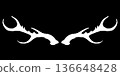 Vector illustration of symmetrical white deer antlers on a black background, stylized into an abstract minimal design with organic shapes. 136648428