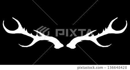Vector illustration of symmetrical white deer antlers on a black background, stylized into an abstract minimal design with organic shapes. Vector illustration of symmetrical white deer antlers on a black background, stylized into an abstract minimal design with organic shapes. 136648428