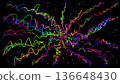 Vibrant neon squiggly lines radiating outward like hand-drawn energy waves on a dark abstract background. 136648430