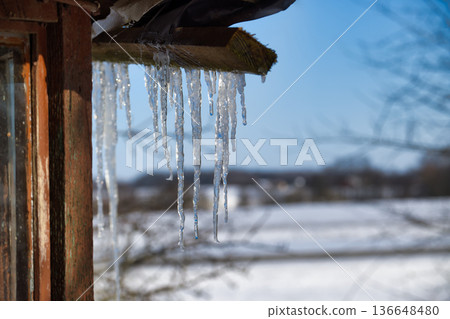 Close-up of icicles hanging from a weathered wooden structure on a sunny winter day Close-up of icicles hanging from a weathered wooden structure on a sunny winter day 136648480